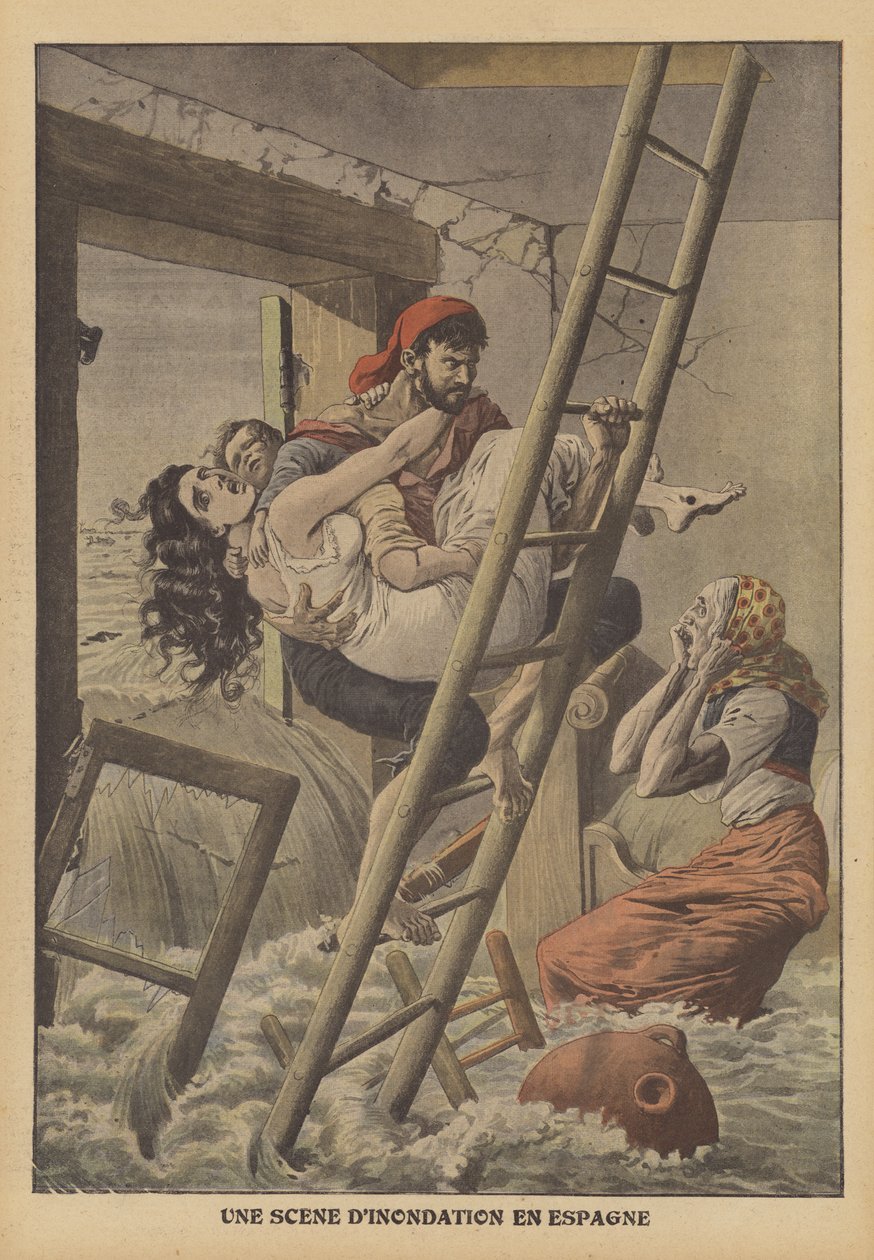 Overstromingen in Spanje (kleurenlitho) door French School