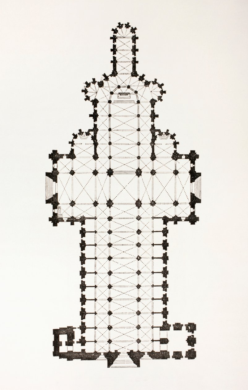 Plattegrond van de 13e-eeuwse ogivale stijl Notre Dame kathedraal in Rouen, Frankrijk, uit Les Arts au Moyen Age, gepubliceerd 1873 door French School