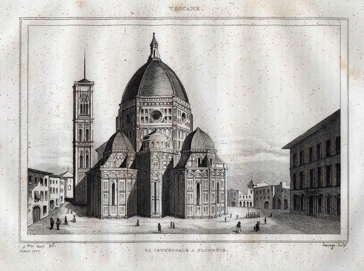 Kathedraal van Florence - Zicht op de Kathedraal van Florence (Duomo Santa Maria del Fiore). De koepel werd gemaakt door Filippo Brunelleschi rond 1420-1436, Florence, Italië - Gravure uit 