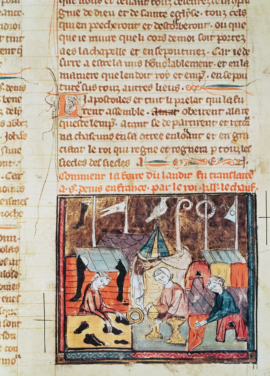 Fol.122v Kooplieden op de Lendit-beurs bij St. Denis, uit de Grandes Chroniques de France, 1375-79 door French School