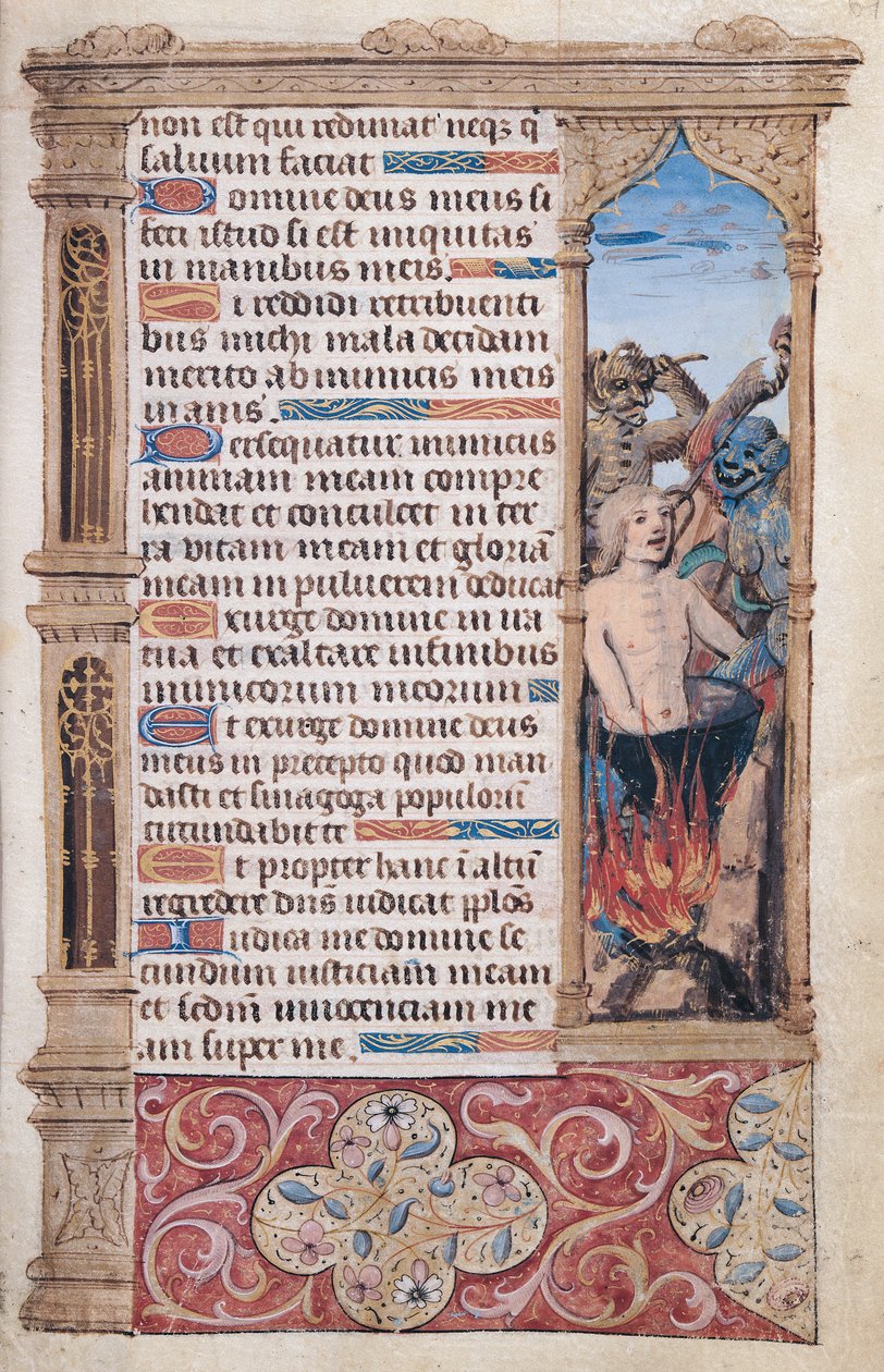 Fol.67r Pagina met tekst met een randdetail van een man die wordt gemarteld door twee demonen, uit "Heures de l"Usage de Rome" door French School