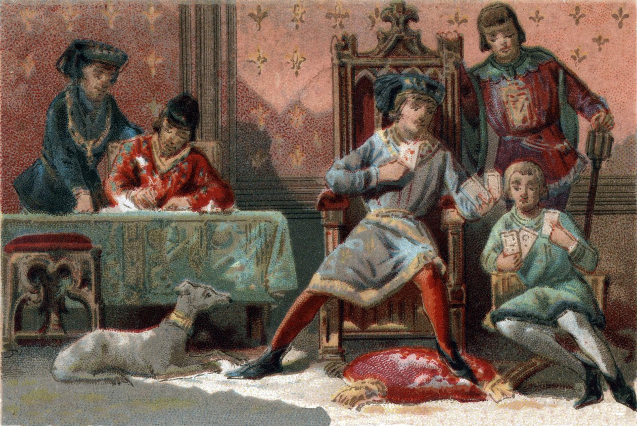 Ter afleiding speelde de koning van Frankrijk Karel VI (1368-1422) vaak kaarten. door French School