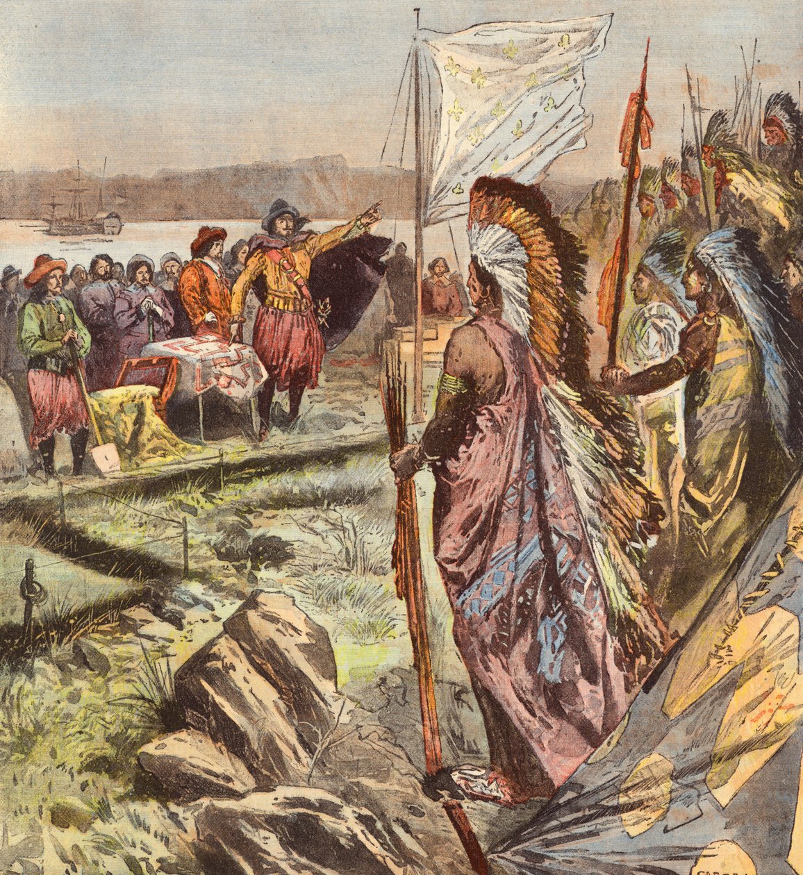 Stichting van de stad Quebec door Samuel de Champlain (kleurenlitho) door French School