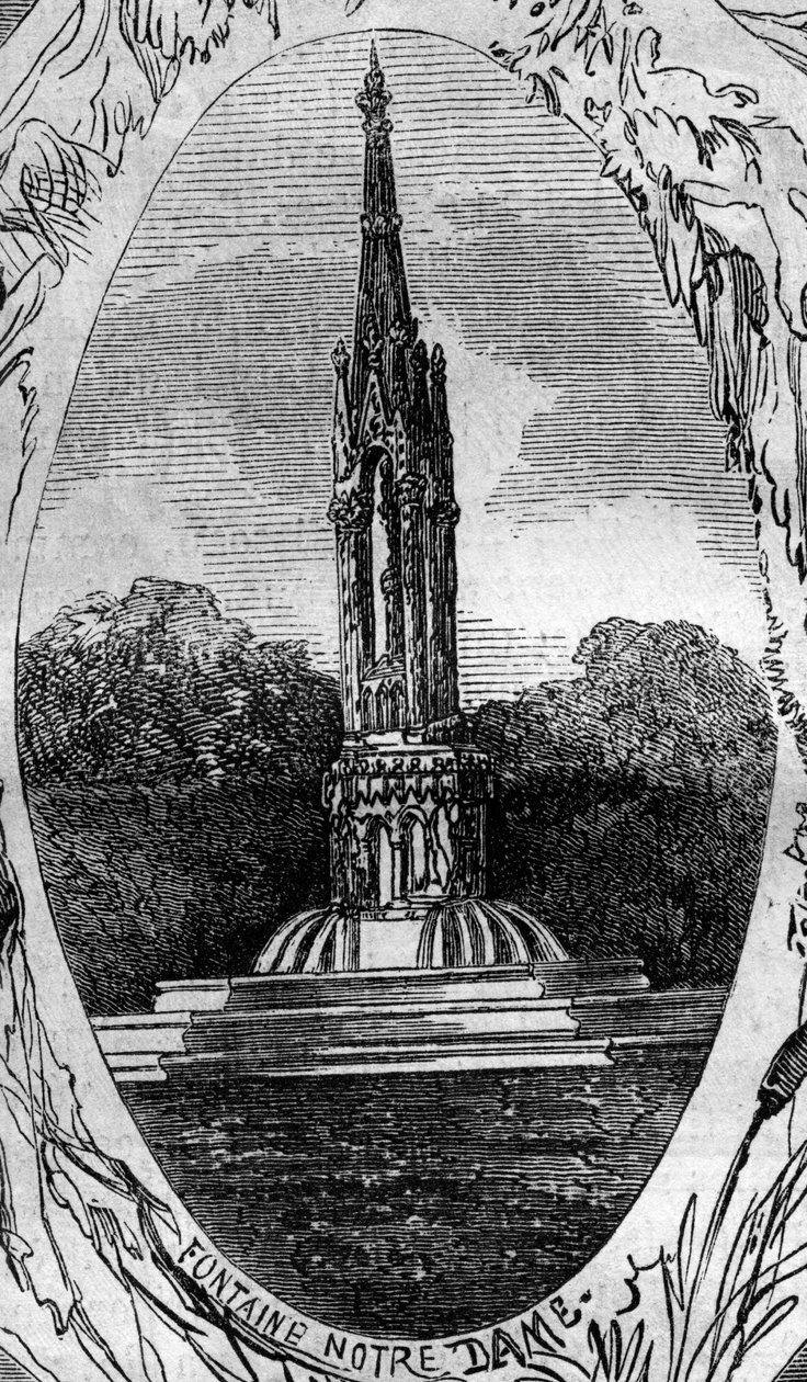 Fontein van Parijs: zicht op de Fontein van de Maagd (Notre Dame Fontein) (circa 1845). Gravure in 
