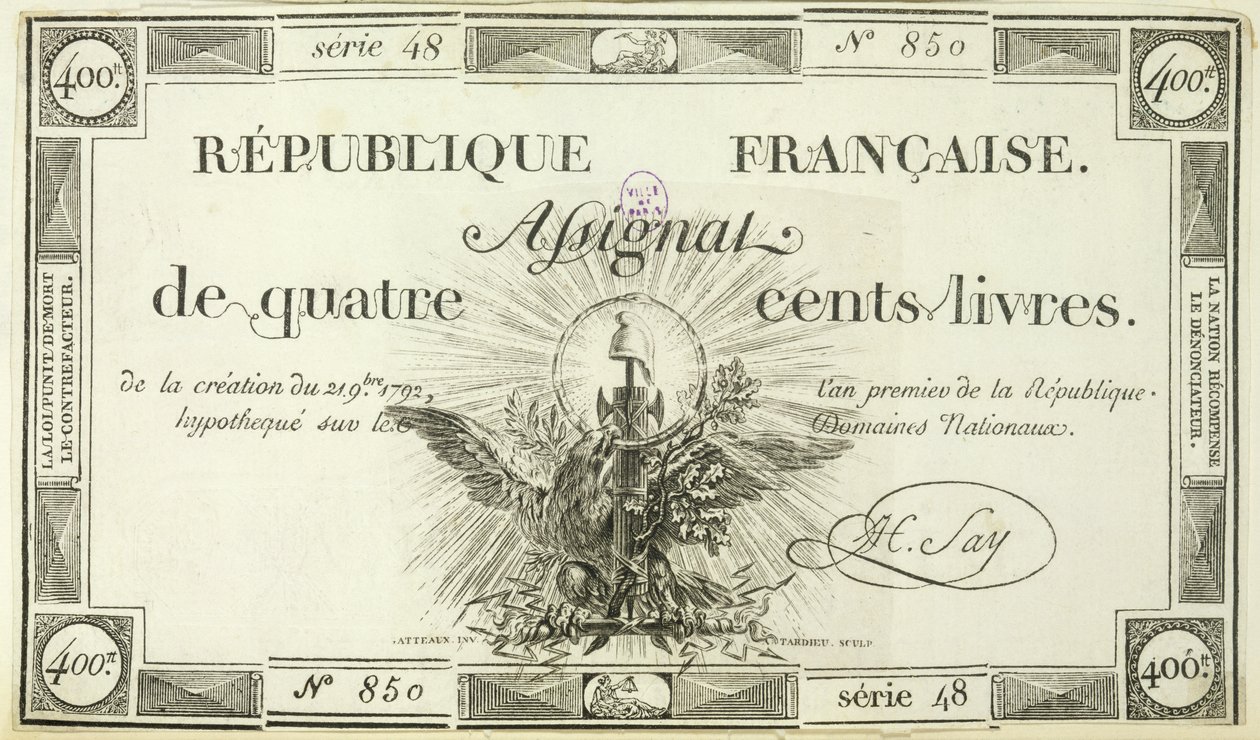 Bankbiljet van vierhonderd livre, 21 september 1792 door French School