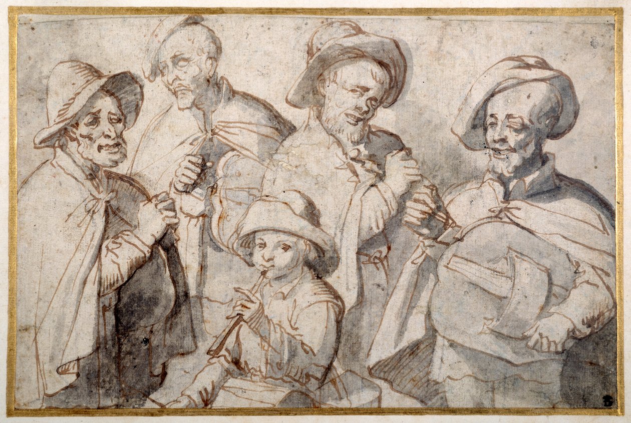 Vier draailierspelers en een jongen met een pijp, ca. 1650-99 door French School