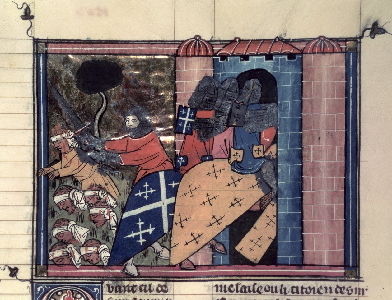 Ruiters van de Kruistochten vechten tegen de Saracenen ca. 1185, uit Le Roman de Godefroi de Bouillon door French School