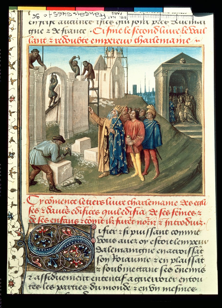 Fr 6465 f.96 Bouw van de kerk in Aix La Chapelle door Karel de Grote (742-814) door French School