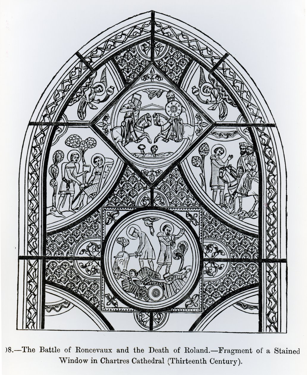 Fragment van een glas-in-loodraam in de kathedraal van Chartres, met de Slag bij Ronceveaux en de dood van Roland, illustratie uit Wetenschap en Literatuur in de Middeleeuwen en Renaissance door French School