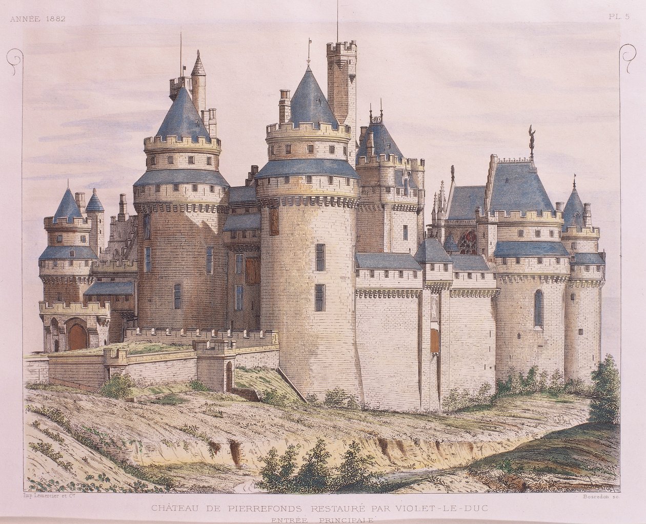 Frankrijk, middeleeuws kasteel Pierrefonds, gerestaureerd door Violet le Duc uit Moniteur des Architectes, gravure door French School