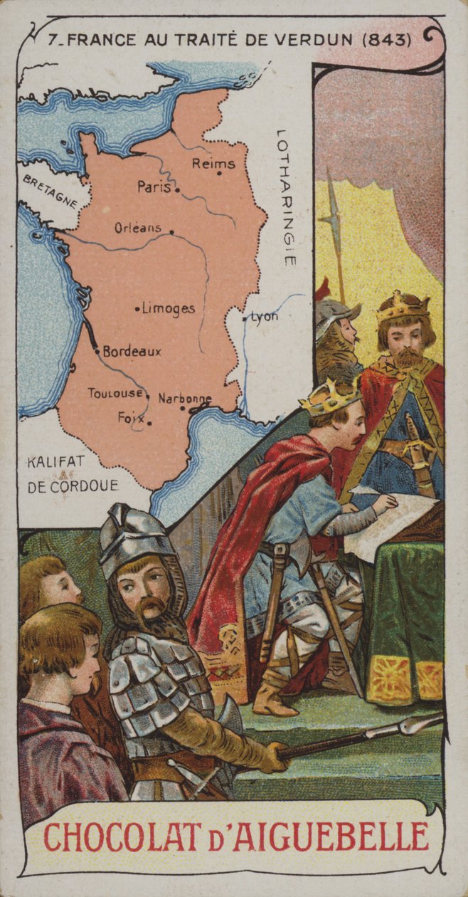 Frankrijk ten tijde van het Verdrag van Verdun, 843 (chromolitho) door French School