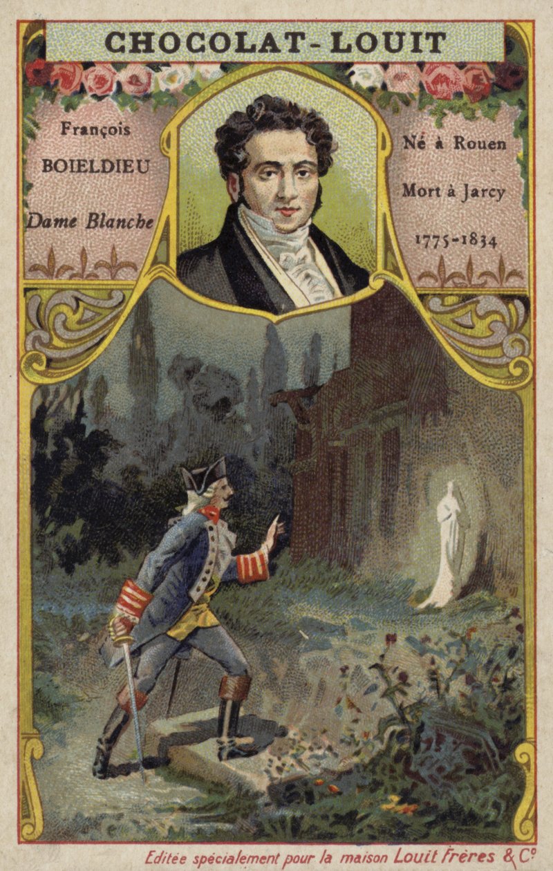 Francois-Adrien Boieldieu, Frans componist, en een scène uit zijn opera La Dame Blanche (chromolitho) door French School