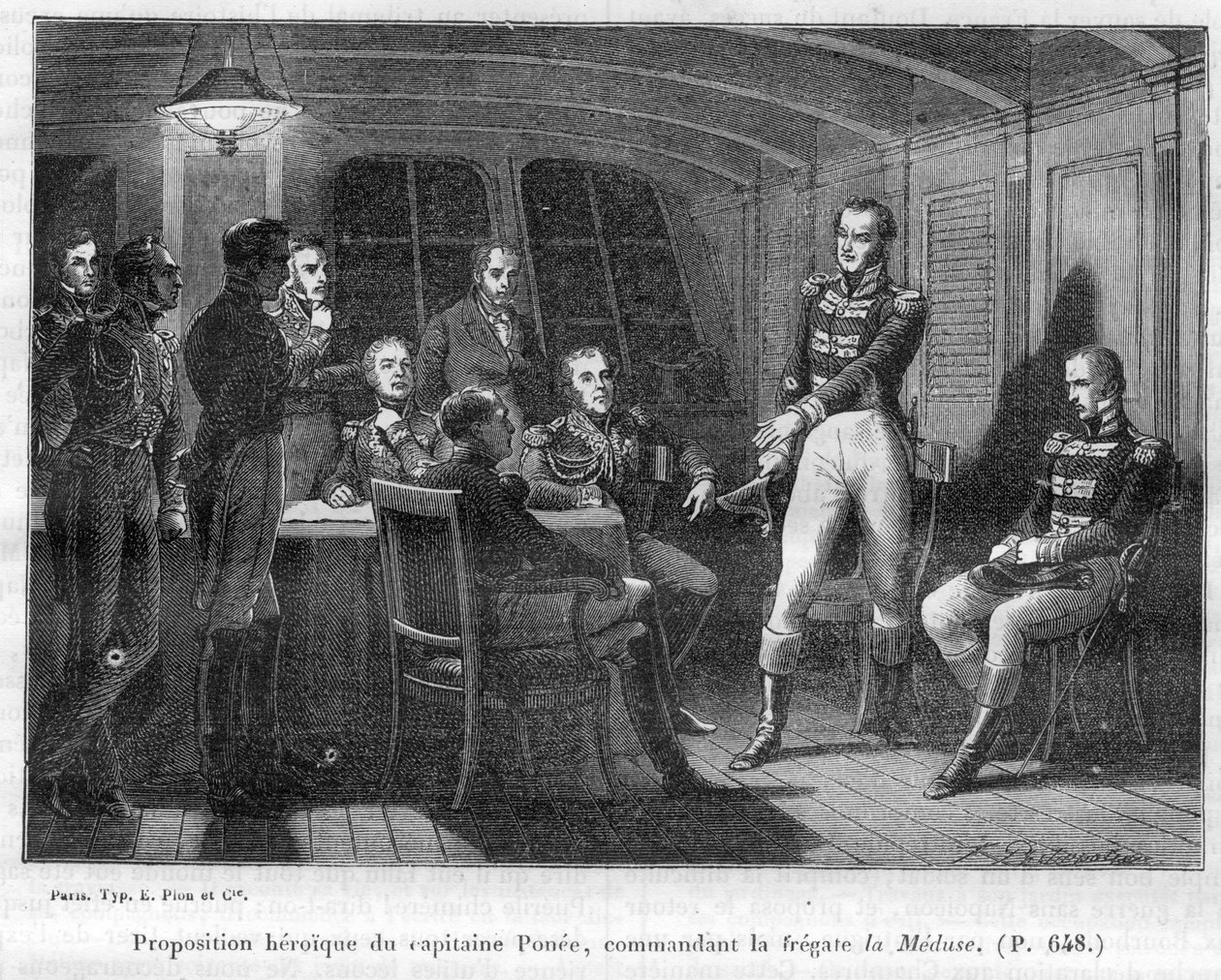 Francois Ponee II (1775-1863), de commandant van La Meduse, Napoleontische getrouwe, biedt de keizer aan om alleen te vechten tegen Le Bellerophon - in 