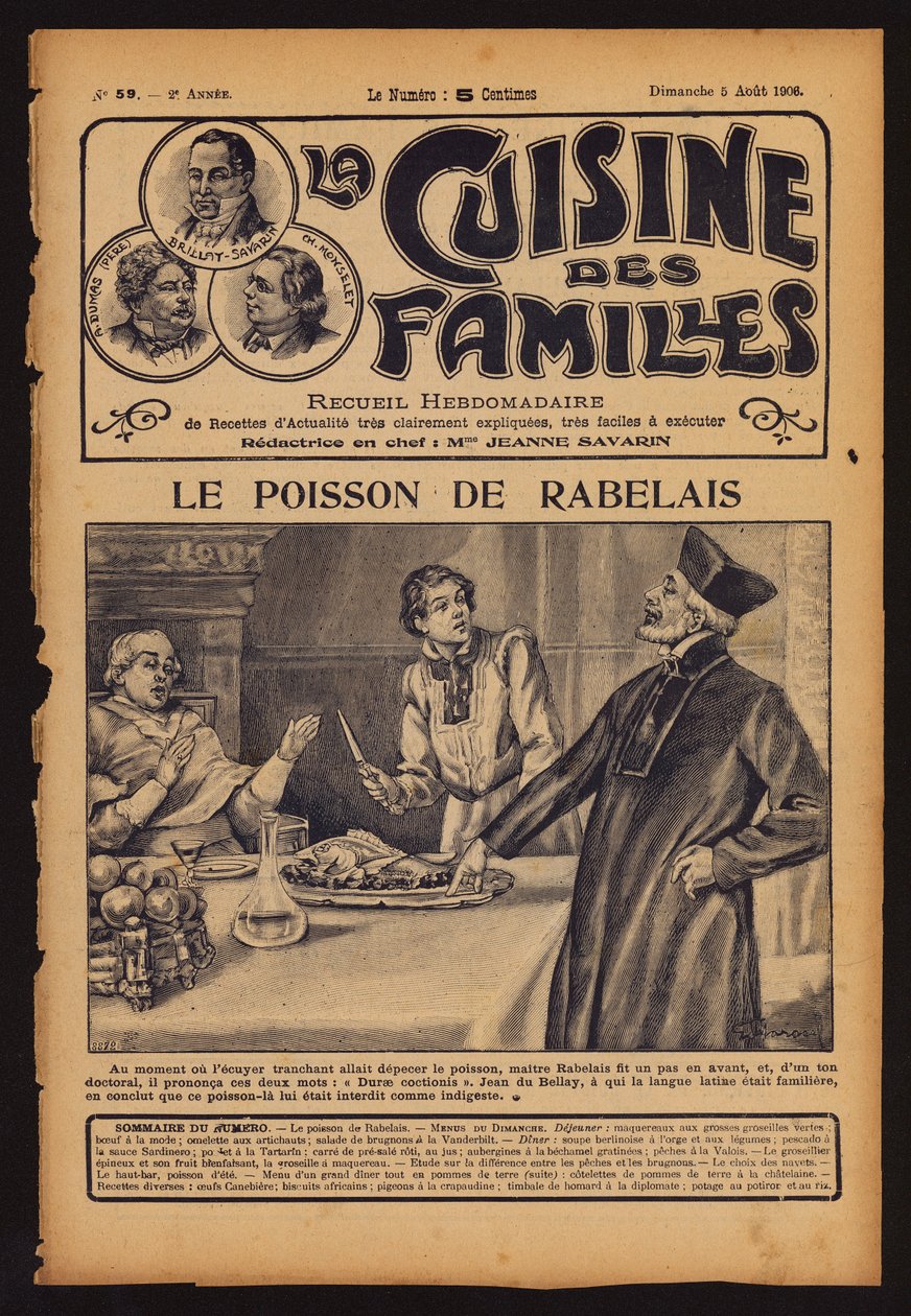 Francois Rabelais waarschuwt kardinaal Jean du Bellay geen vis te eten (gravure) door French School