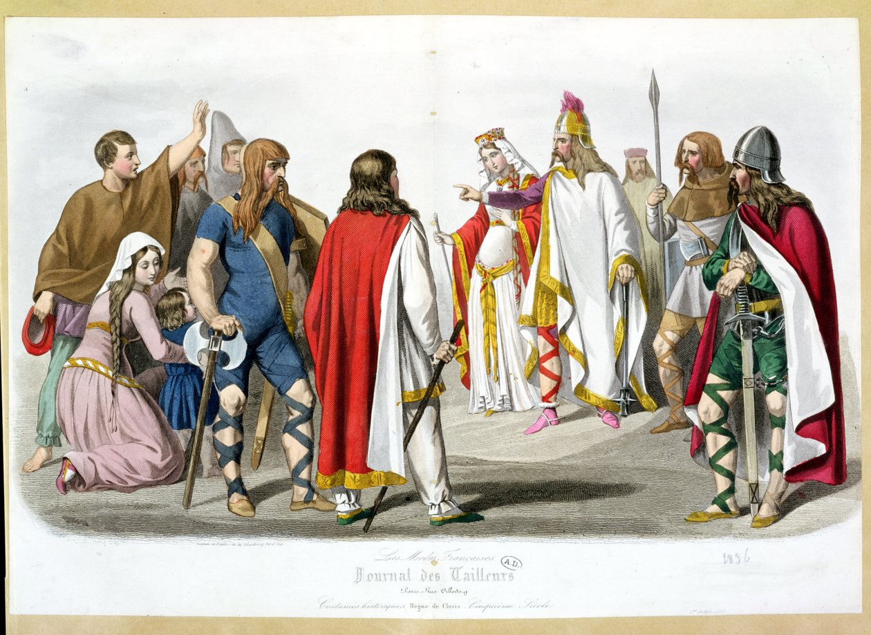 Frankische en Merovingische kostuums, historische modeplaat uit Les Modes Francaises - Journal des Tailleurs, 1836 door French School