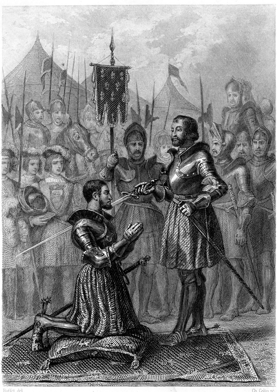 François I, gewapende ridder na de Slag bij Marignan (1515). 19e eeuw (gravure) door French School