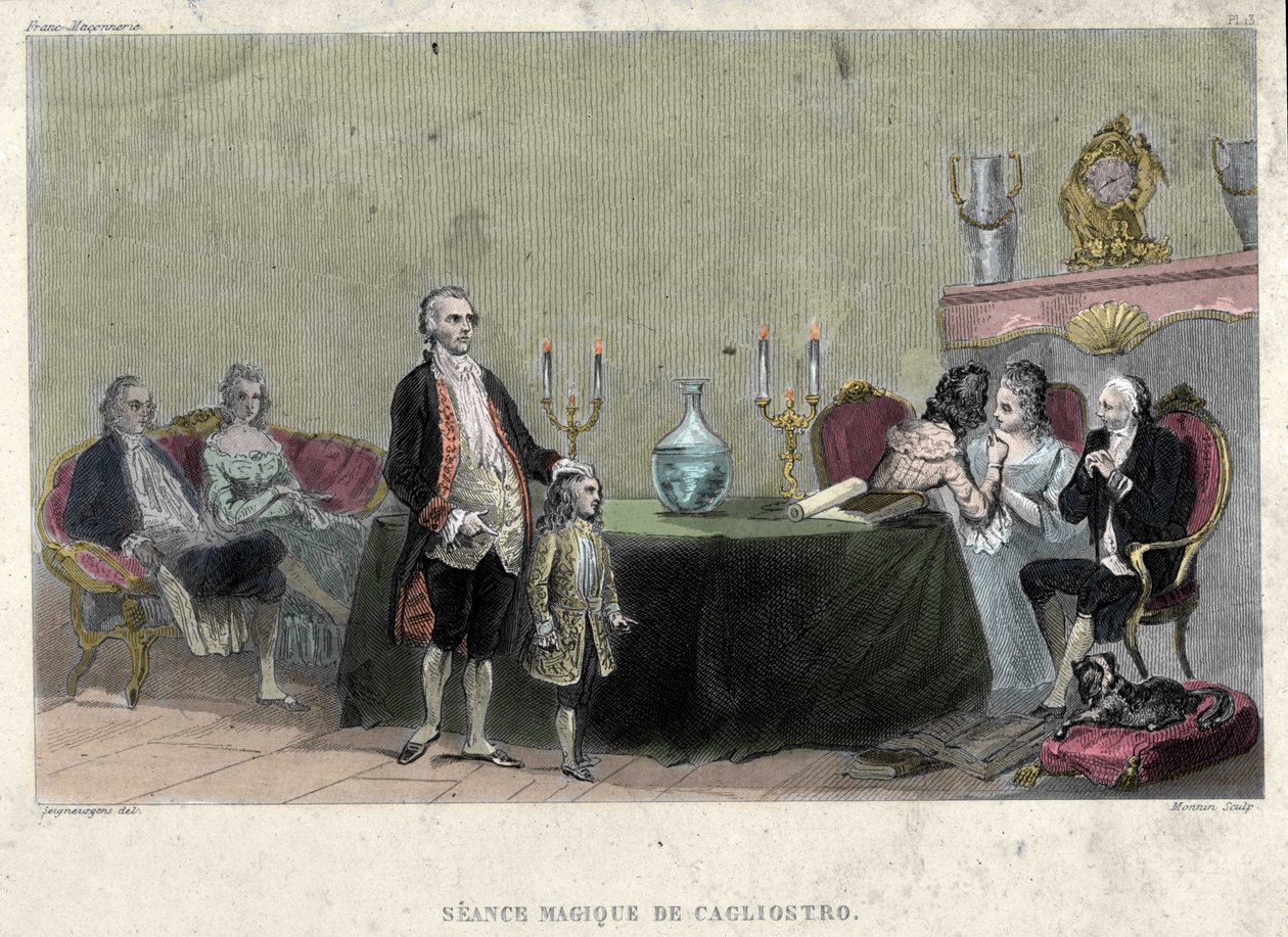 Vrijmetselarij: Seance van magie door Giuseppe Balsamo, bekend als Alexander, Graaf van Cagliostro (1743 - 1795). Gravure uit 