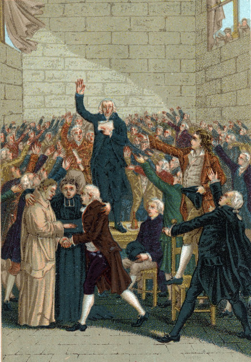 Franse Revolutie (1789-1799). De Eed van de Jeu de Paume in Versailles op 20 juni 1789 in het midden van Jean Sylvain Bailly (1736-1793). door French School