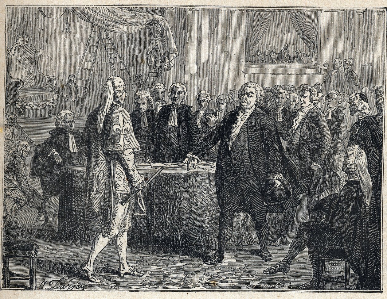 Franse Revolutie - Algemene Vergadering op 23/06/1789: Honore Gabriel Riqueti, Graaf van Mirabeau (1749-1791) spreekt Henri Evrard, Markies van Dreux Breze (1762-1829) aan. Gravure uit 1889. Privécollectie door French School