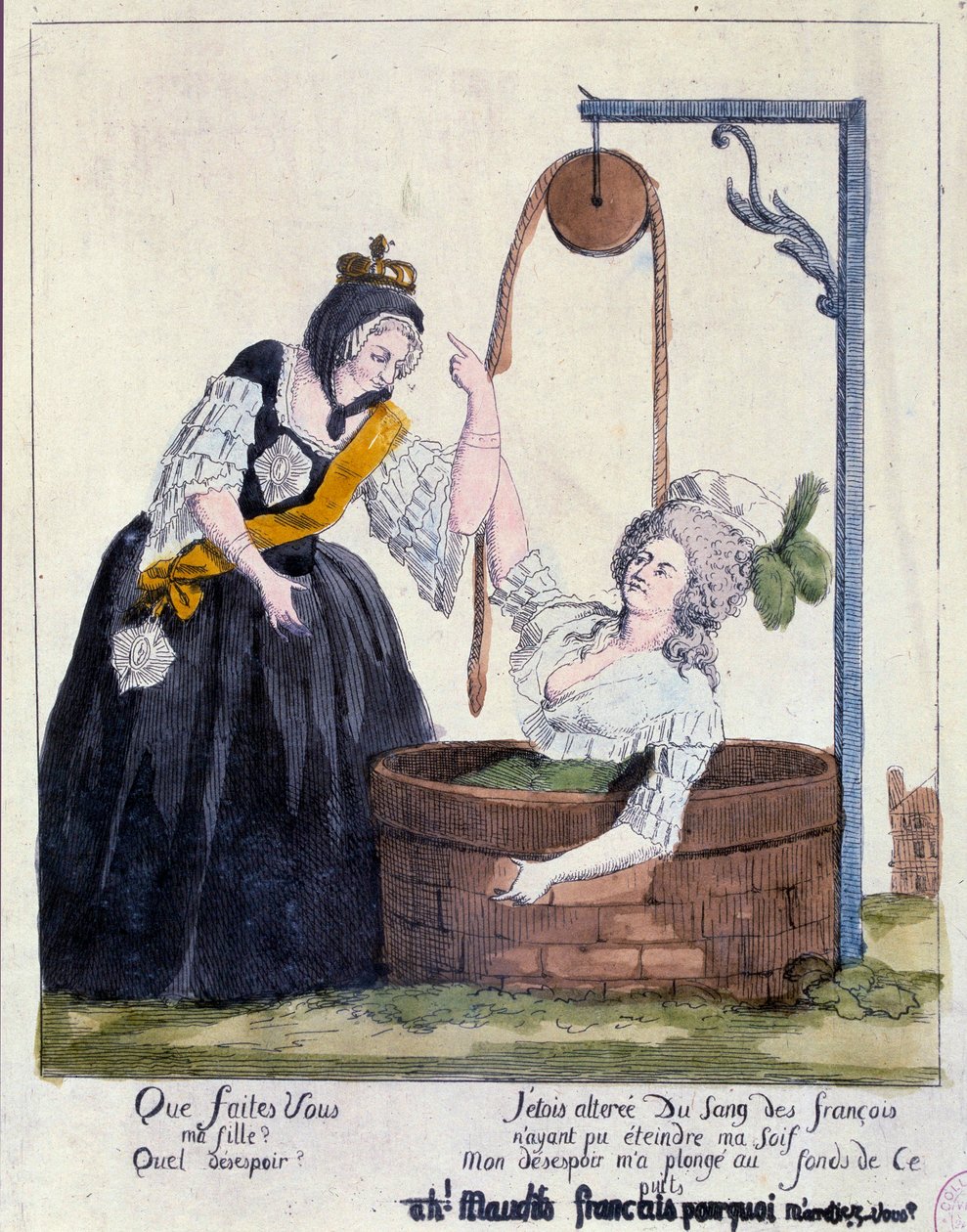 Franse Revolutie: Cartoon tegen koningin Marie Antoinette (1755-1793) viel op de bodem van een put omdat ze haar dorst naar Frans bloed wilde lessen door French School