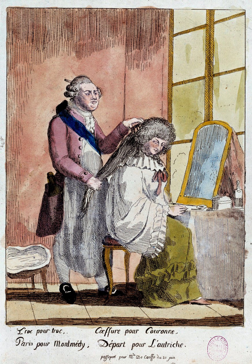 Franse Revolutie: Cartoon over de vlucht van de koninklijke familie naar Varennes door French School