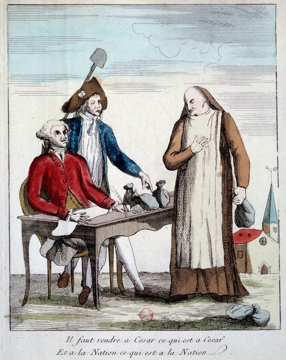 Franse Revolutie: karikaturale voorstelling van een lid van de geestelijkheid die gedwongen wordt het eigendom van de kerk terug te geven. 