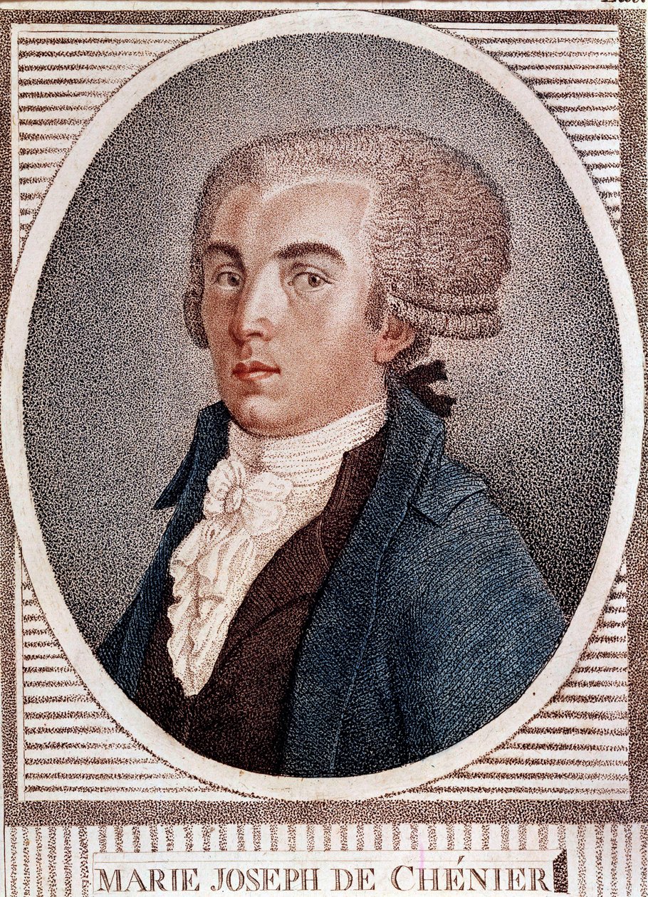 Franse Revolutie: portret van diplomaat dichter en historicus Marie Joseph Chenier (1764-1811), auteur van de "Chant du depart" gravure uit de 19e eeuw. door French School
