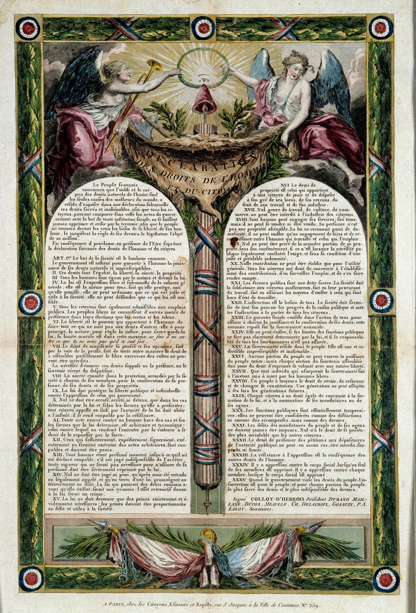 Franse Revolutie: poster van de verklaring van de rechten van de mens door French School