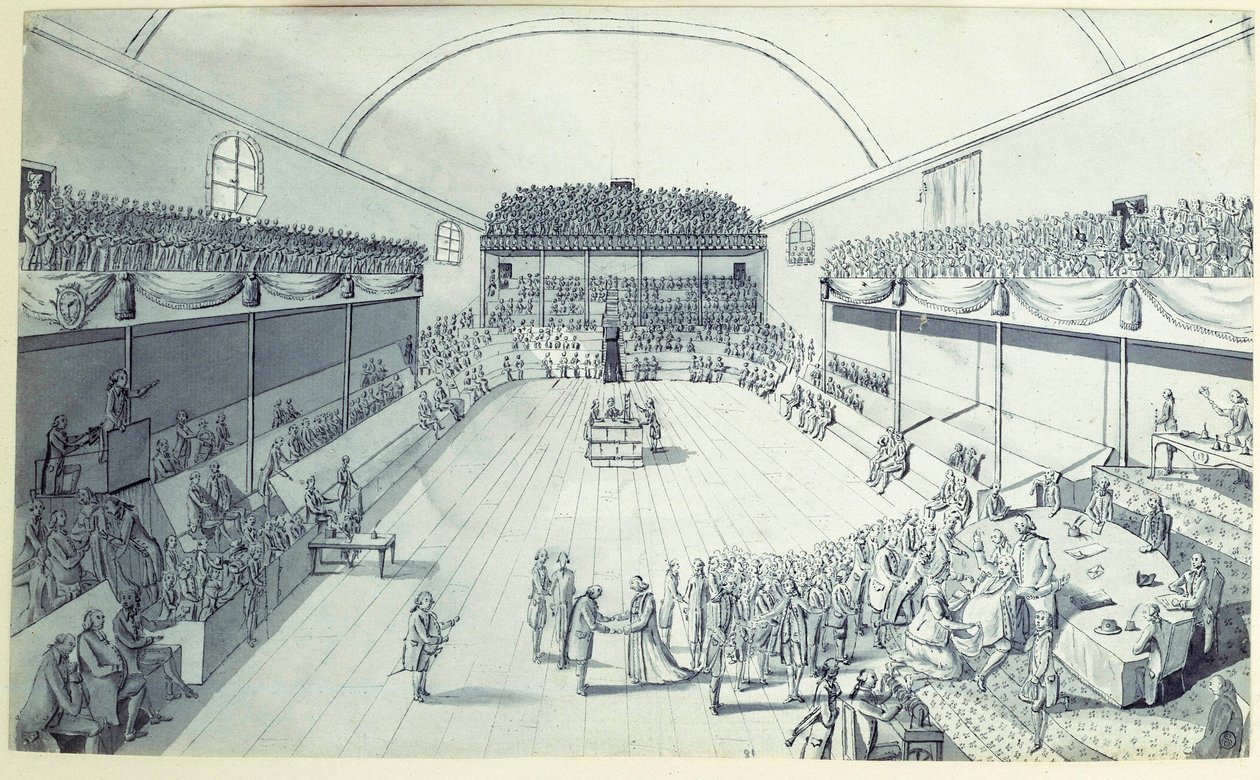 Franse Revolutie: de geboorte van de Grondwet in september 1791 geredigeerd door Guy Jean-Baptiste Target (1733-1807) in de zaal van de Jeu de Paume in Versailles waar de afgevaardigden een eed aflegden op 20/06/1789. Anonieme tekening rond 1791. Parijs, L door French School