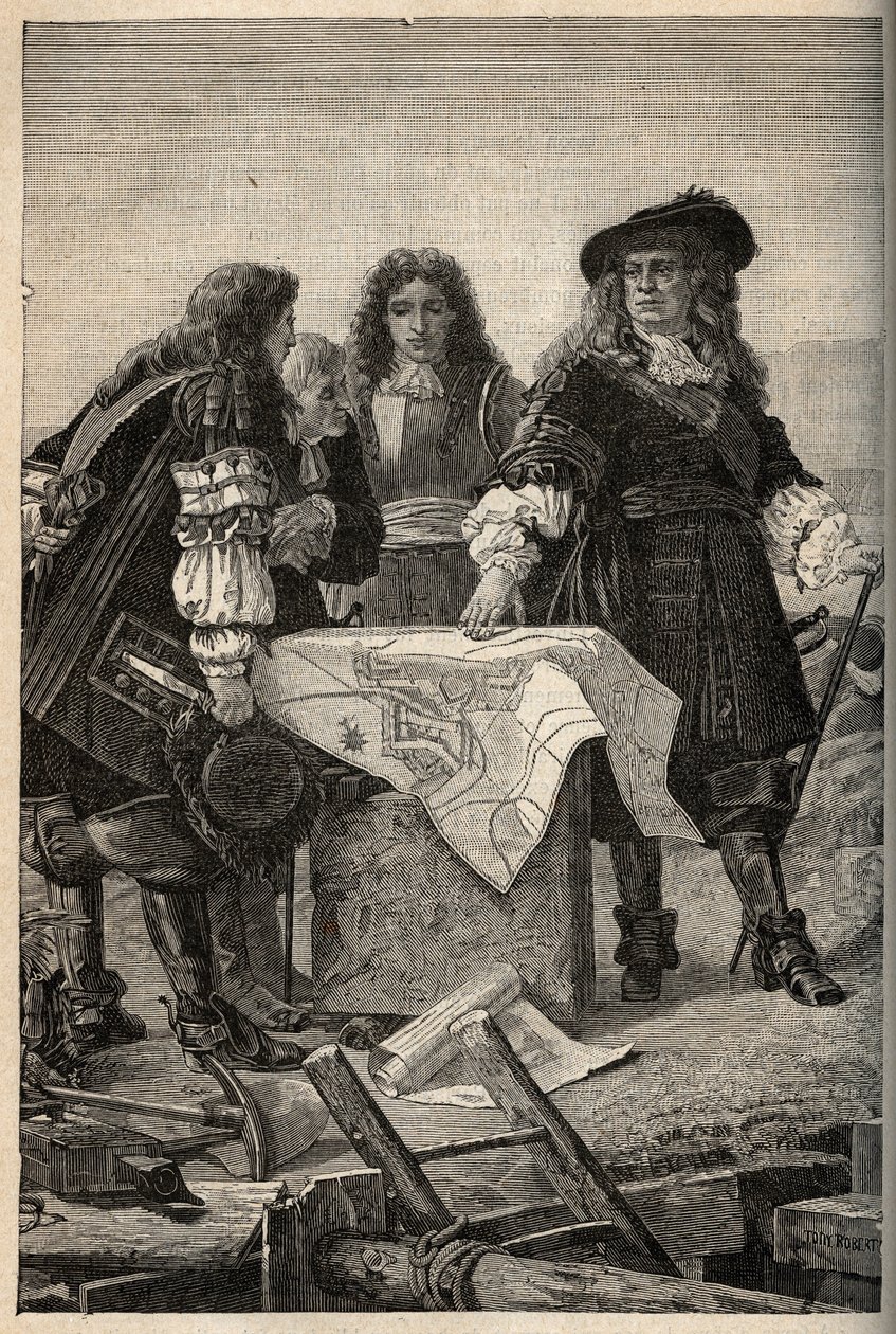 Franse architect Vauban maakt de plannen voor de vestingwerken van Belfort (oost-Frankrijk) op verzoek van Lodewijk XIV in 1687 - Sebastien Le Prestre de Vauban geeft de plannen van de vestingwerken van Belfort - gravure in 