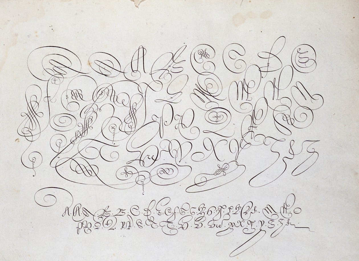 Franse kalligrafie: Plaat van hoofdletters, gravure van Frisius, calcograaf van de koning door Robert Vignon in de tuin van het schrijven rond 1600. door French School