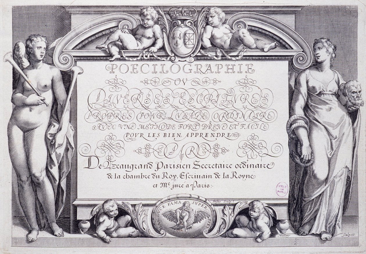 Franse calligrafie: Poecilografie, frontispice, door Baptiste de Beaugrand in 1606 door French School