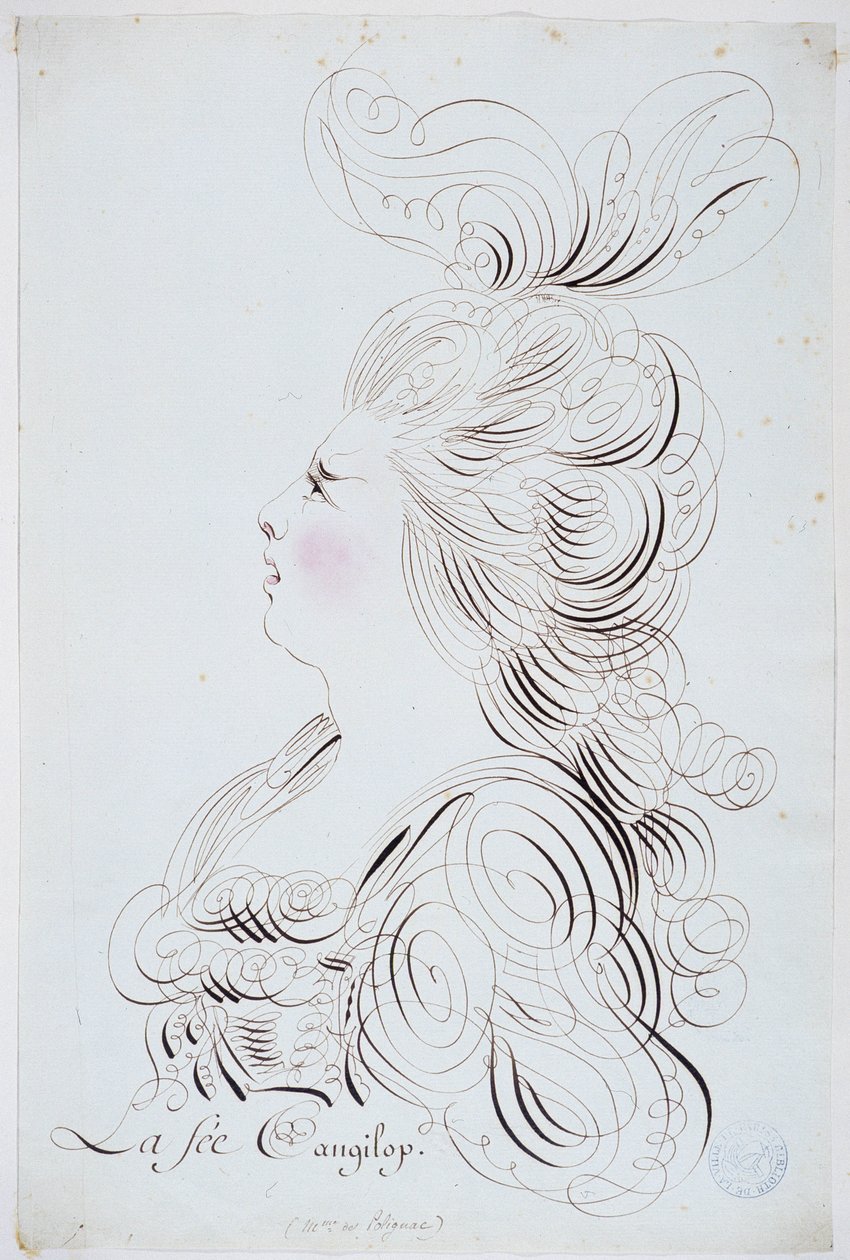 Franse kalligrafie: Portret van de prinses van Polignac in het gezicht versterkt door aquarel door Bernard de Paris rond 1780. Historische bibliotheek van de stad Parijs door French School