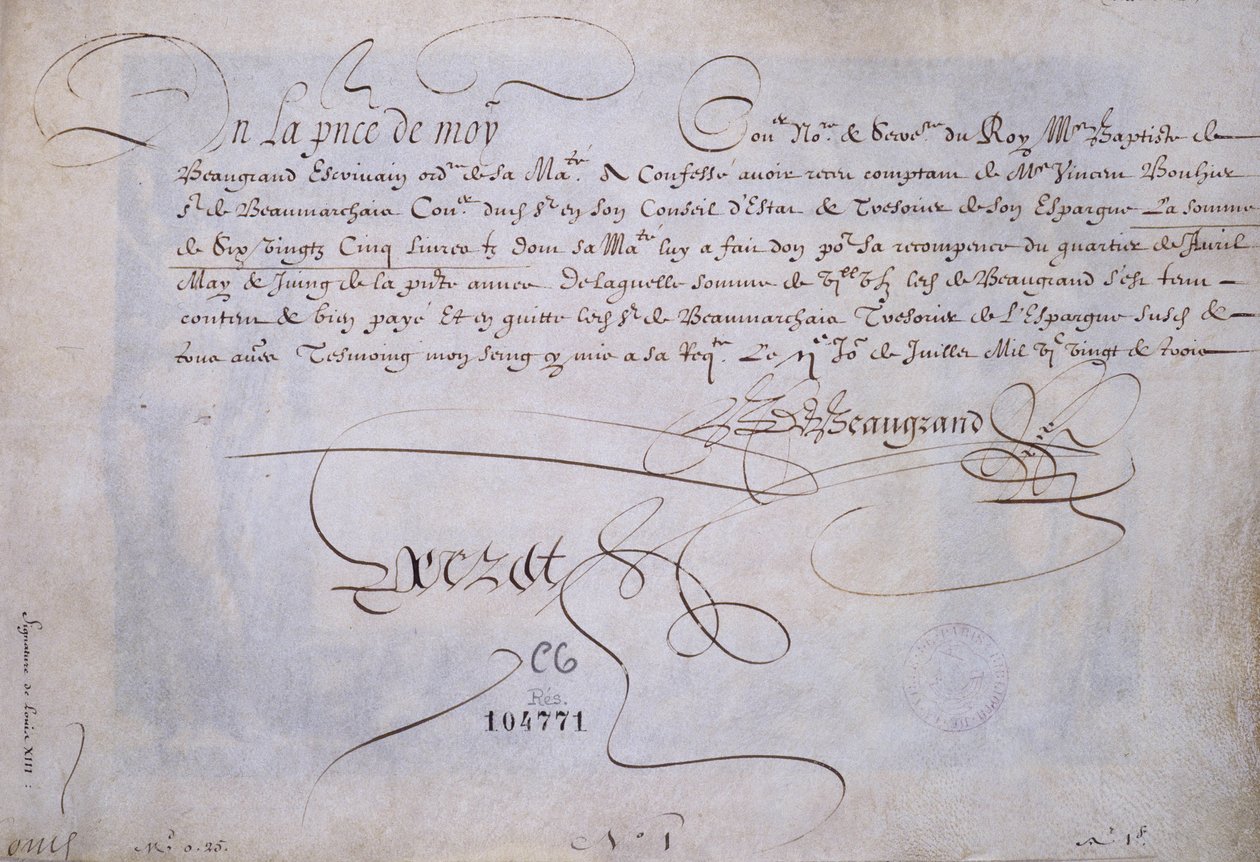 Franse calligrafie: Ontvangstbewijs ten gunste van Bernard de Beaugrand afgeleverd op 2 juli 1623. Historische bibliotheek van de stad Parijs door French School