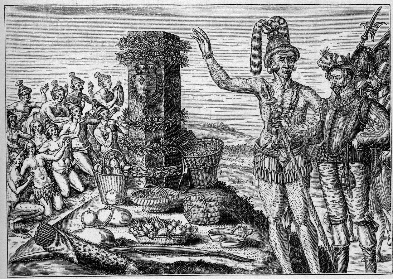 Franse kolonie in Amerika: Floridianen eren de herdenkingszuil opgericht door Rene de Laudonniere ter nagedachtenis aan de Spaanse aanvallen op de Franse protestantse kolonies in 1564. Uit een 16e-eeuwse gravure. In 