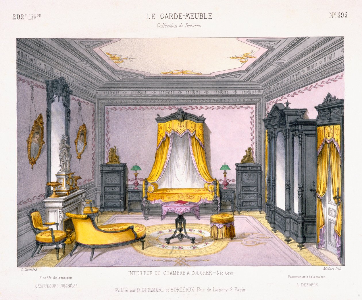 Frans ontwerp voor een interieur van een slaapkamer in Neo-Griekse stijl uit Le Garde-Meuble patroonboek, gepubliceerd door D Guillard, Parijs door French School