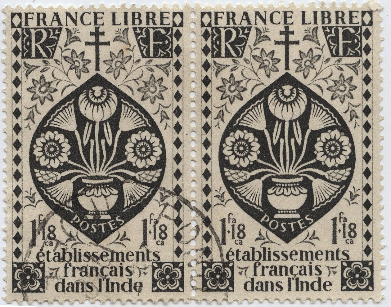 Franse vestigingen in India - FRANKRIJK VRIJ en Kruis van Lotharingen - Postzegel 1942 door French School