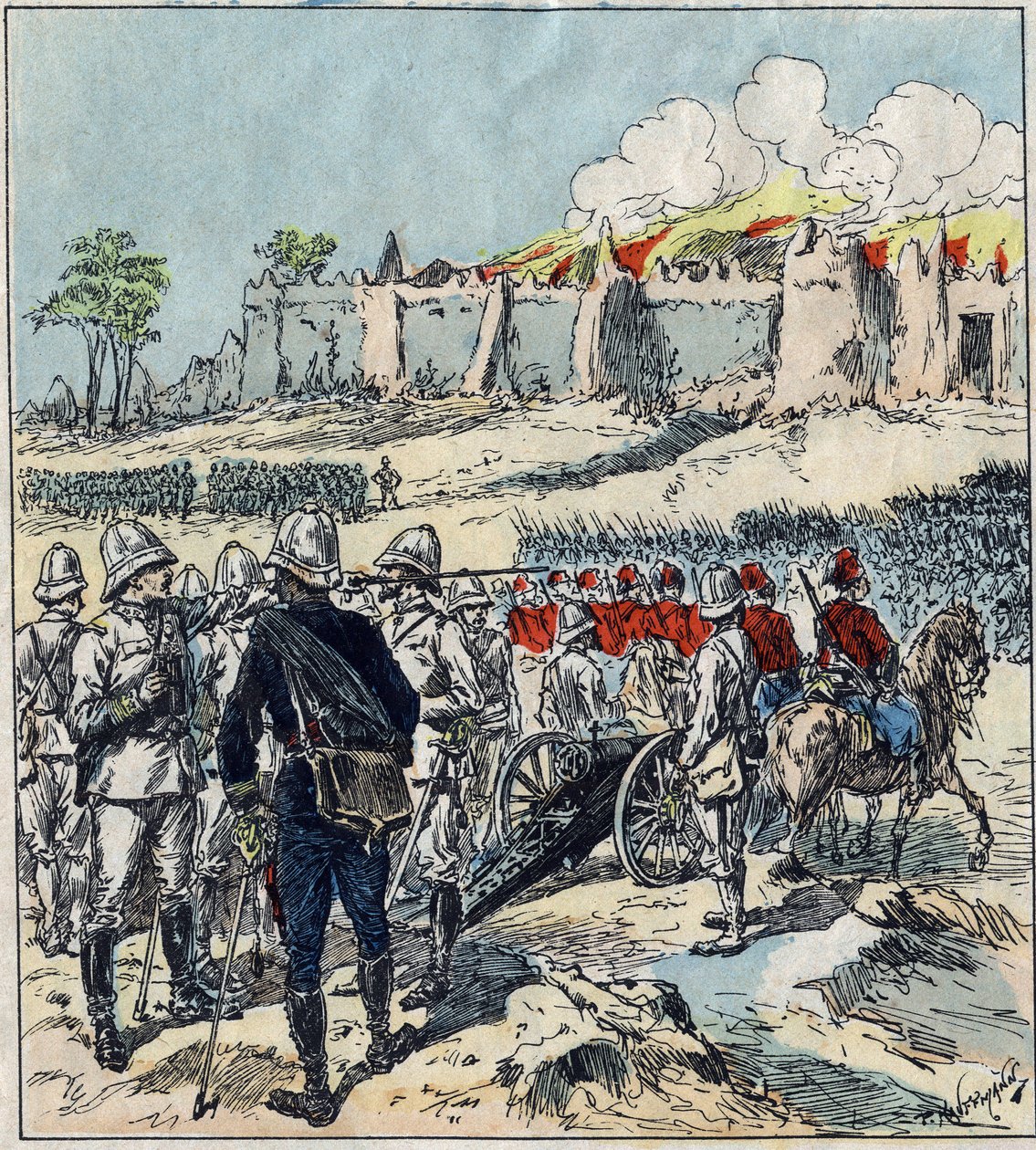 Franse expeditie naar Dahomey (het huidige Benin). Generaal Dodds vormt zijn aanvalskolommen voor Abomey door French School