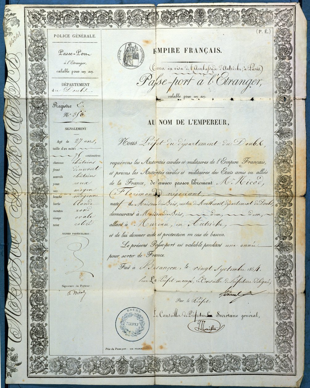 Frans paspoort, uit Besançon, 20 september 1854 door French School