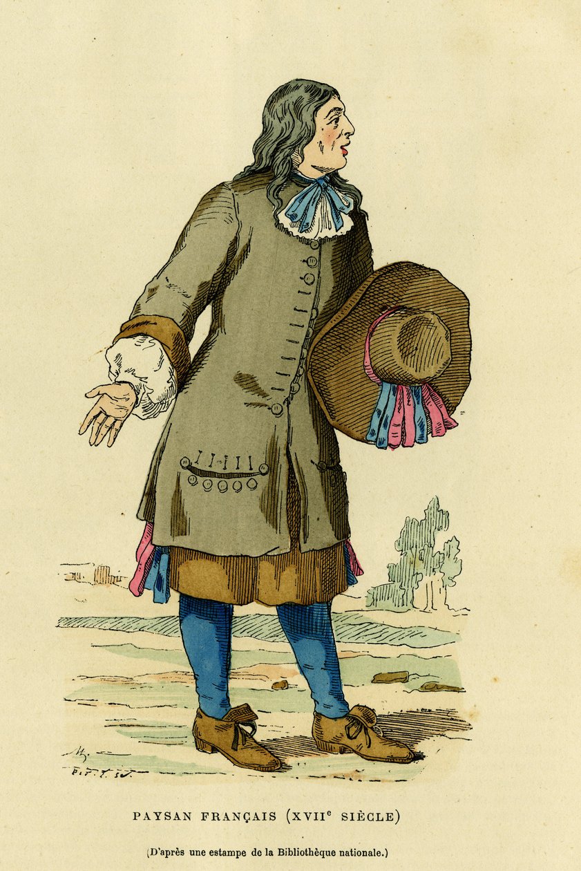 Frans boerenkostuum in de 18e eeuw. Kleuren gravure naar een prent van de nationale bibliotheek, in 