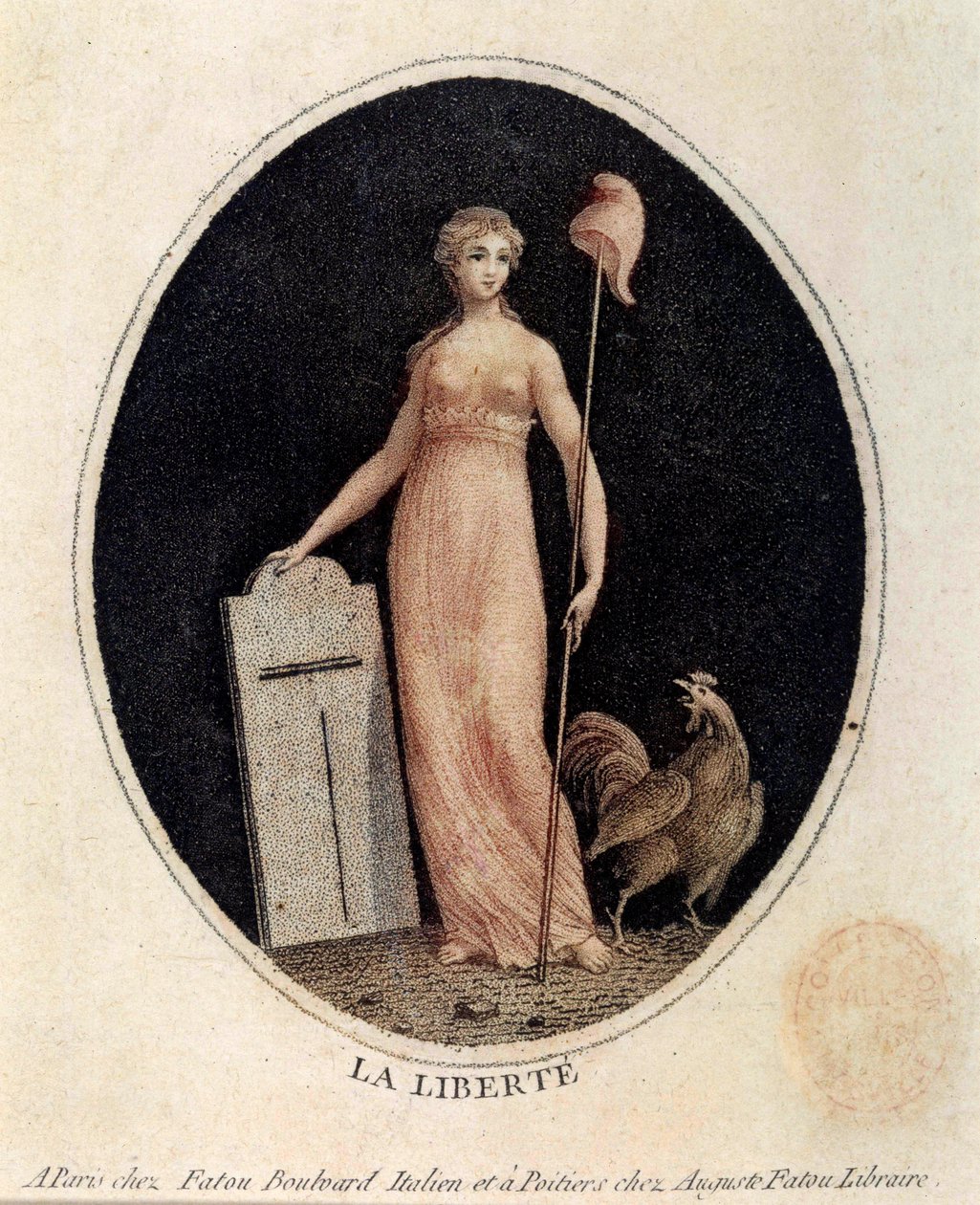 Franse revolutie: allegorie van vrijheid onder de trekken van een vrouw, met een Frygische muts op een speer, met een haan aan haar voeten. Prent uit het einde van de 18e eeuw Parijs, Musee Carnavalet door French School
