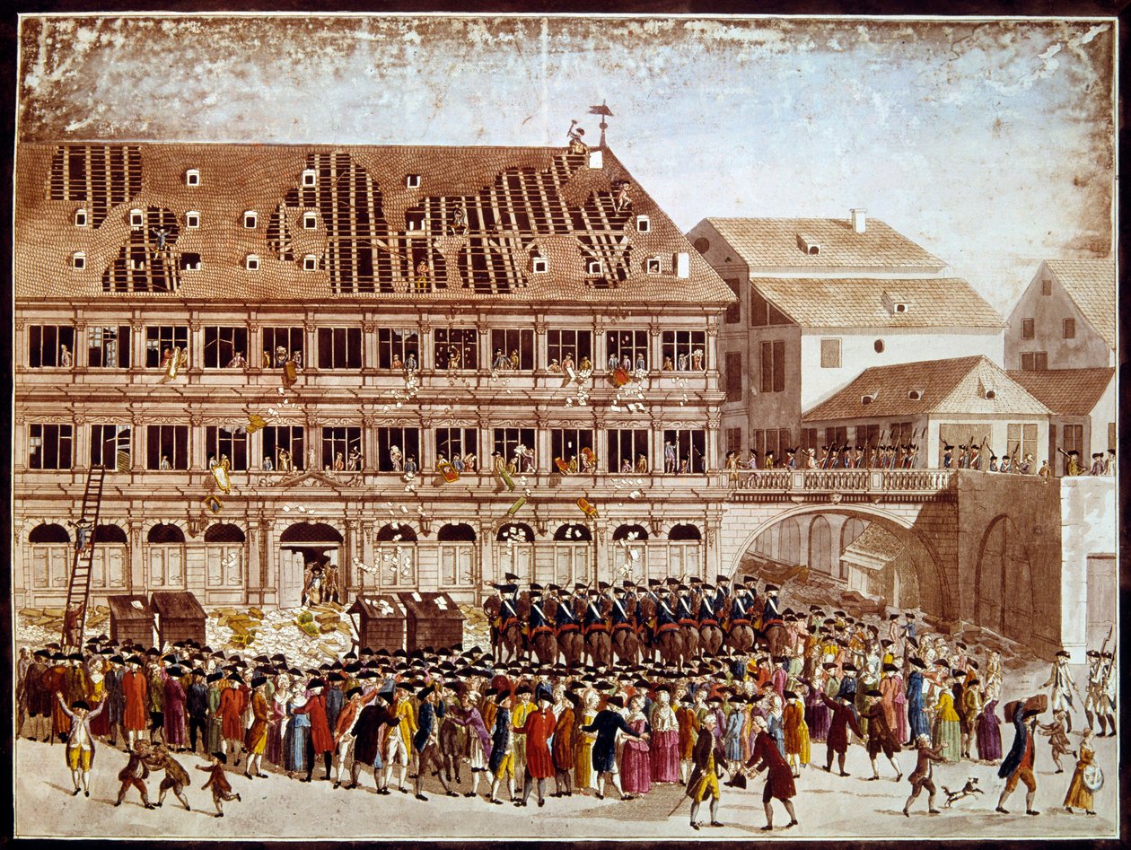 Franse revolutie: plundering van het stadhuis van Straatsburg op 20/07/1789. Anonieme prent. Parijs, B.N. door French School
