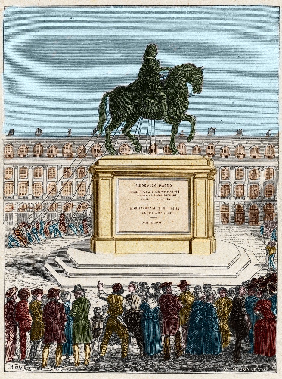Franse revolutie: omverwerping van het standbeeld van koning Lodewijk XIV, Place Vendome in Parijs door French School