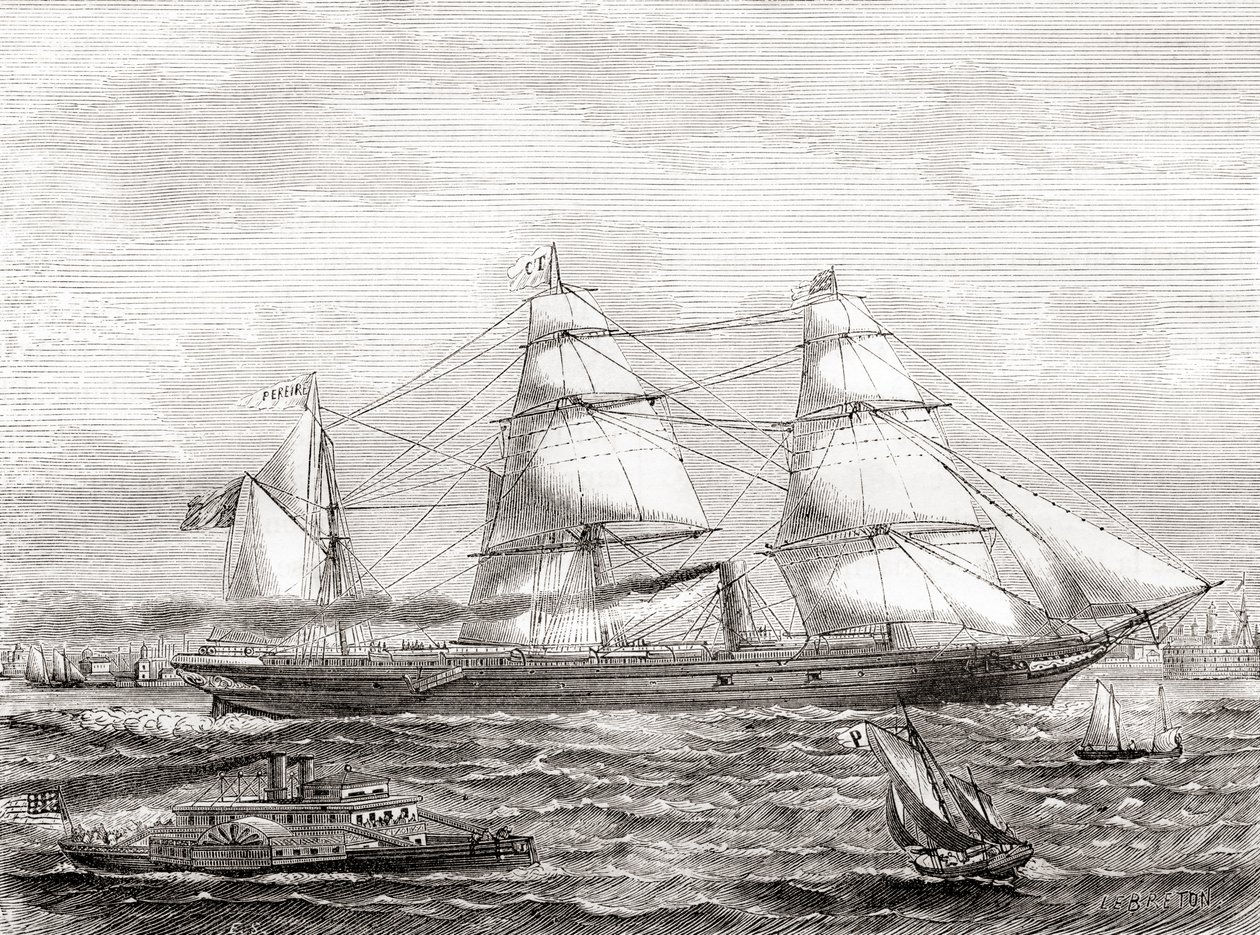 Franse stoomaangedreven trans-Atlantische lijnboot Pereire (1866-1888), uit Les Merveilles de la Science, pub.1870 door French School