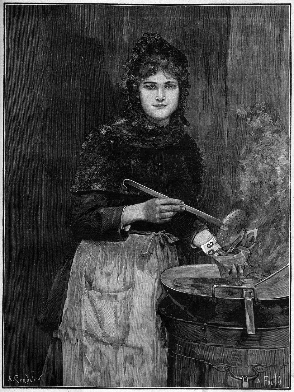 Frietverkoper; gravure uit 1888 naar het schilderij van Achilles Foald. door French School