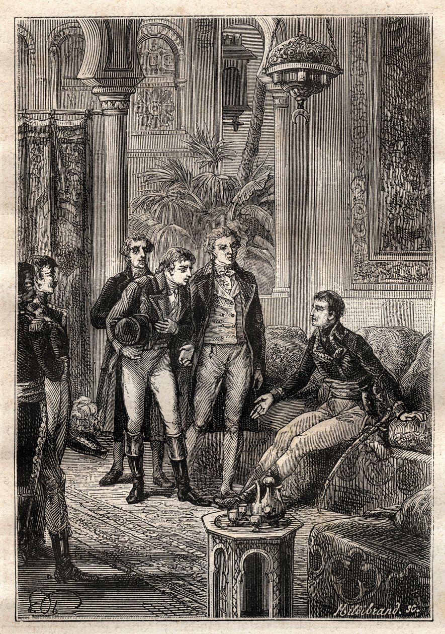 Friedrich Konrad Hornemann (1772-1801) ontmoette Napoleon Bonaparte in Caïro in 1797 in aanwezigheid van Gaspard Monge (1746-1818) en Claude Louis Berthollet (1748-1822) - illustratie uit 