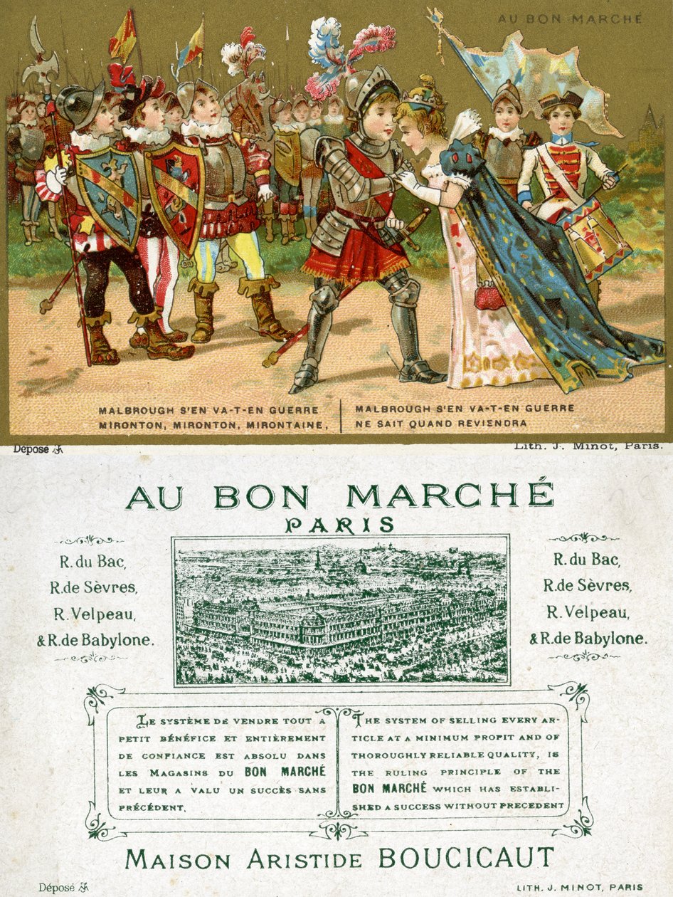 Voor- en achterkant van een promotiekaart voor het Parijse warenhuis Au Bon Marché, met een van de populairste volksliedjes in de Franse taal, Marlbrough sen va-t-en guerre (Marlborough is vertrokken) door French School