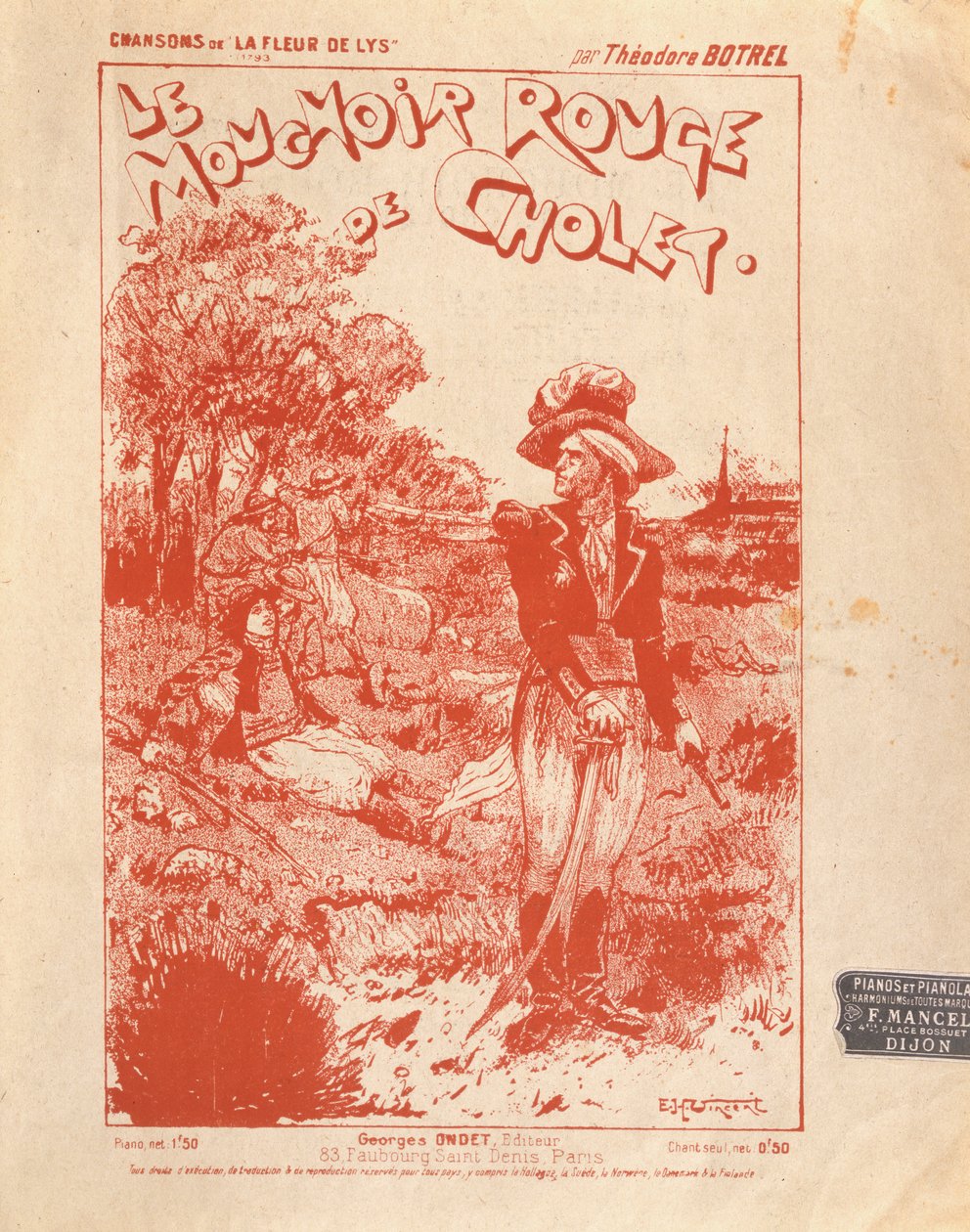 Voorkant van de muziekpartituur van het lied Le Mouchoir Rouge de Cholet, geschreven en gecomponeerd door Theodore Botrel door French School