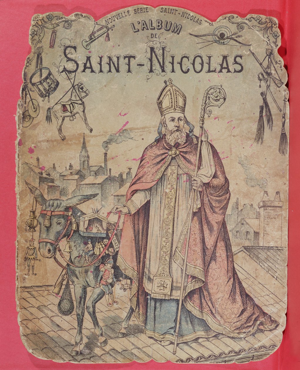 Voorkant van een fotoalbum met Sint-Nicolaas die cadeautjes brengt aan de kinderen, eind 19e eeuw (kleurgravure) door French School