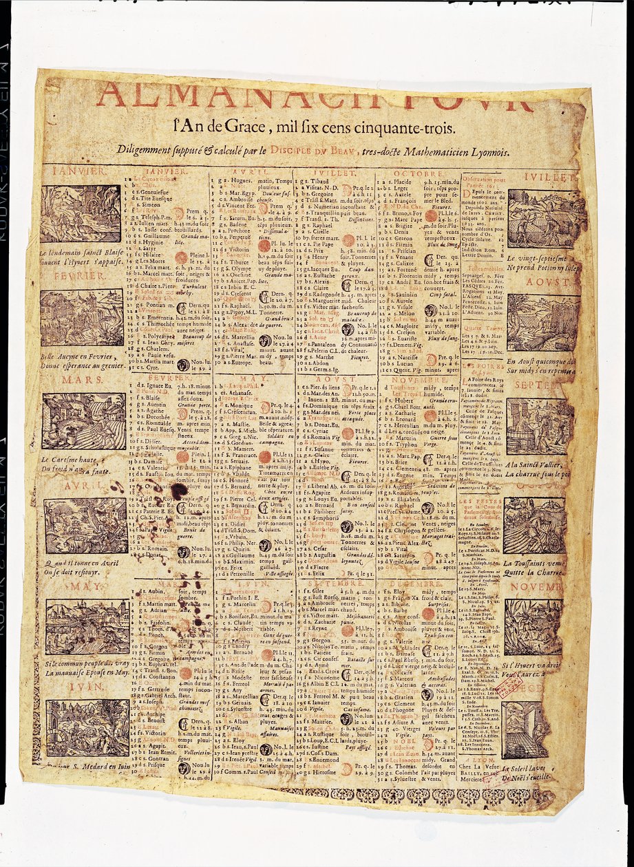Voorpagina van een almanak voor 1653 door French School